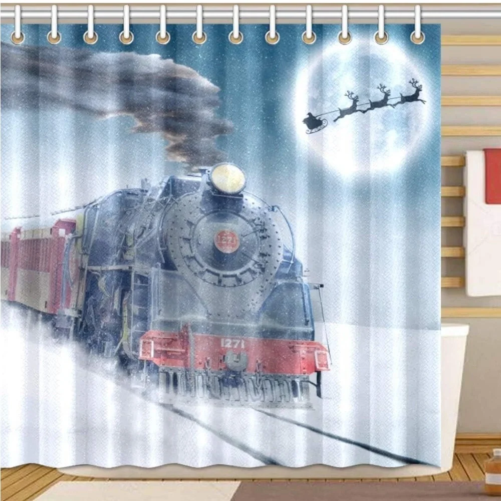 Christmas Train Polyester Fabric Shower Curtain 72 X 72 Inches w/12 hooks